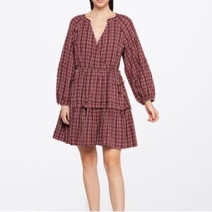 NWT Madewell Red Seersucker Plaid Wrap Long Sleeve Mini Dress Size Small